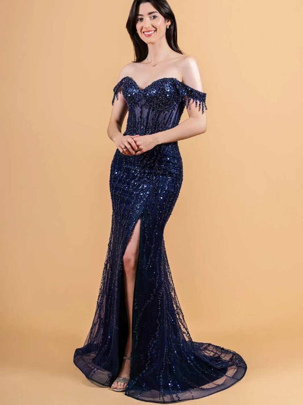 New Elegant Off Shoulder Tulle Dress w/ Beads Embroidery & Sheer Bodice GL3620
